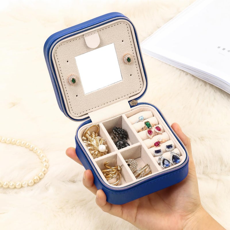 TRODANCE Jewelry Travel Case with Mirror,Small Travel Jewelry Organizer, Portable Jewelry Box Travel Mini Organizer Portable Display Storage Box For Rings Earrings Necklaces (NavyBlue) - Image 2