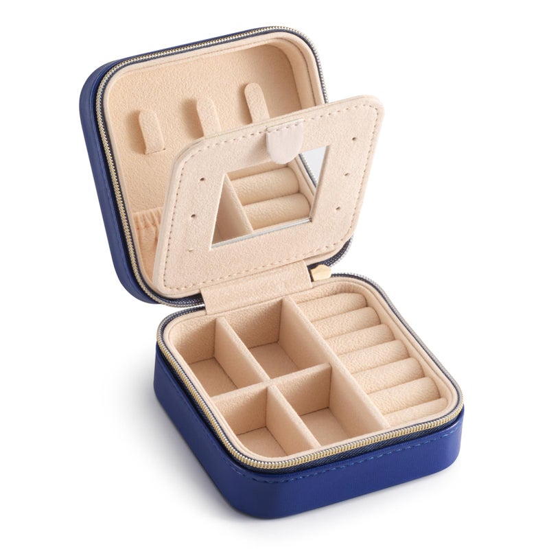 TRODANCE Jewelry Travel Case with Mirror,Small Travel Jewelry Organizer, Portable Jewelry Box Travel Mini Organizer Portable Display Storage Box For Rings Earrings Necklaces (NavyBlue) - Image 1