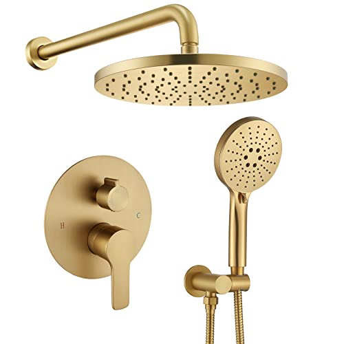 Iriber Shower System Wall Mounted Shower Faucet Mixer Set with Luxury High Pressure Shower head and 3-Setting Handheld, Bathroom Shower Trim Kit Contain Pressure Balance Valve,Brushed Gold - Image 1