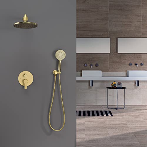Iriber Shower System Wall Mounted Shower Faucet Mixer Set with Luxury High Pressure Shower head and 3-Setting Handheld, Bathroom Shower Trim Kit Contain Pressure Balance Valve,Brushed Gold - Image 2