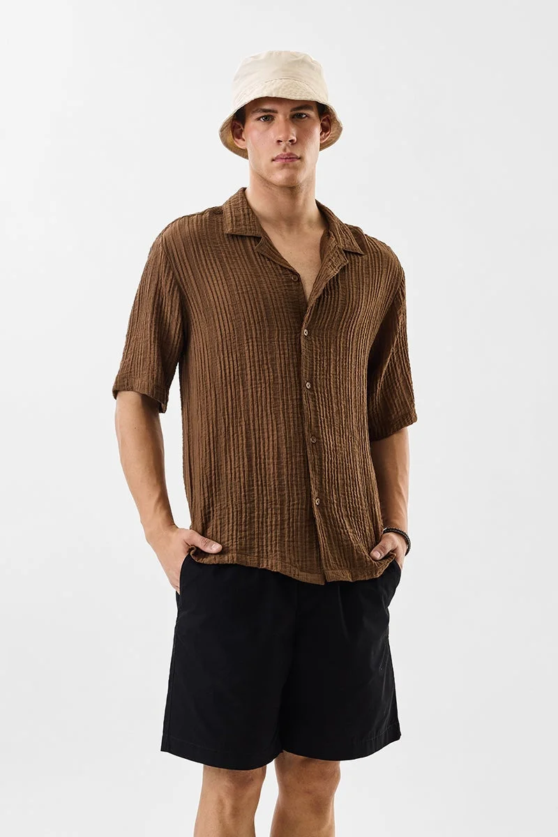 سنيتش Brown Textured Half Sleeve Oversized Shirt