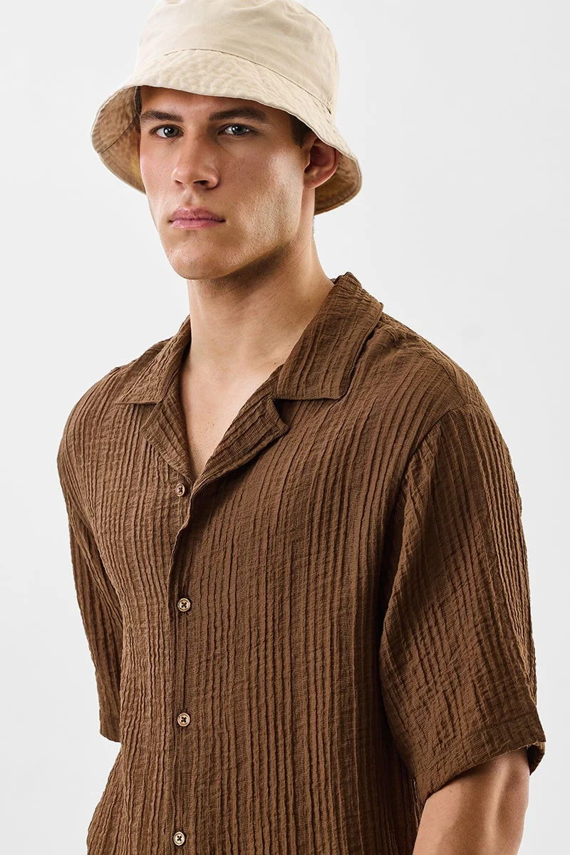 سنيتش Brown Textured Half Sleeve Oversized Shirt