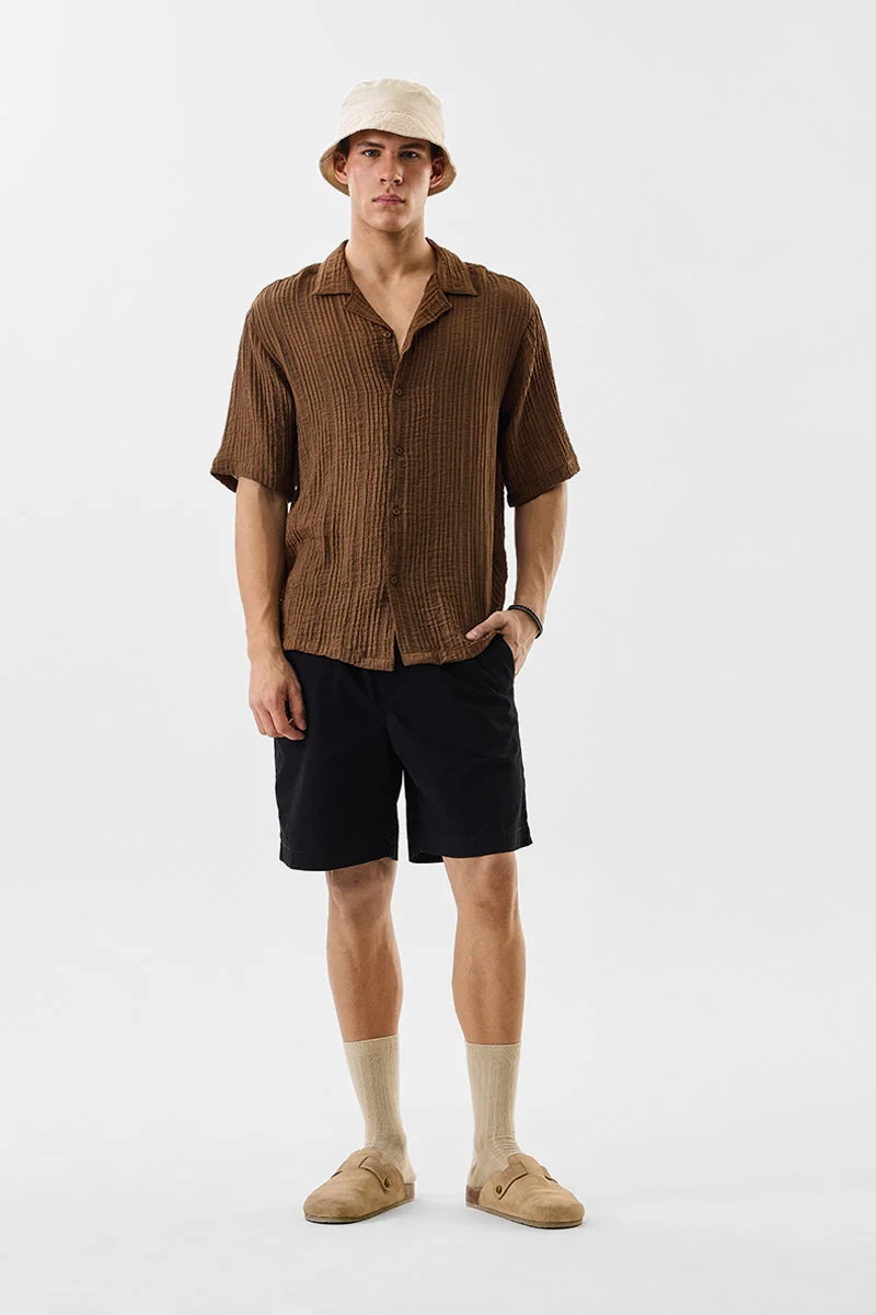 سنيتش Brown Textured Half Sleeve Oversized Shirt