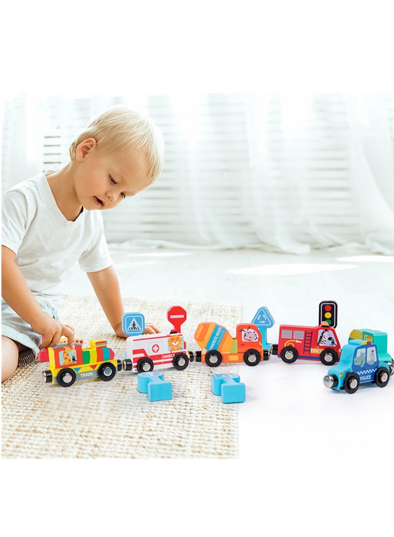 لعبة تعليمية خشبية تفاعلية للأطفال، قطار مرور مغناطيسي، سيارة إسعاف، سيارة إسعاف، إشارة مرور خشبية تفاعلية بين الوالدين والطفل - Image 3