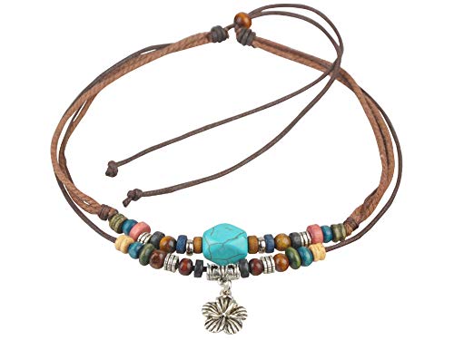 Ancient Tribe Boho Hemp Cord Choker Necklace with Turquoise Bead and Silver Flower Pendant, Adjustable 15 Inch - Image 1