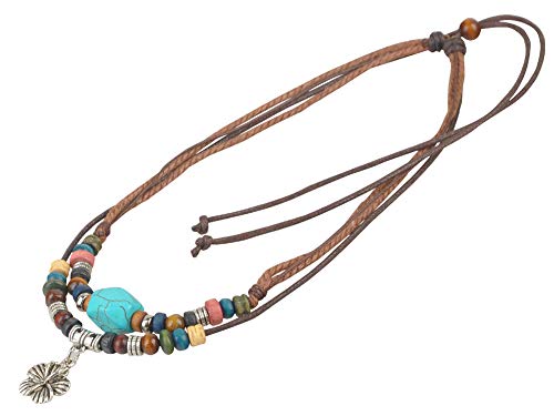 Ancient Tribe Boho Hemp Cord Choker Necklace with Turquoise Bead and Silver Flower Pendant, Adjustable 15 Inch - Image 2
