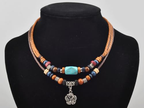 Ancient Tribe Boho Hemp Cord Choker Necklace with Turquoise Bead and Silver Flower Pendant, Adjustable 15 Inch - Image 3
