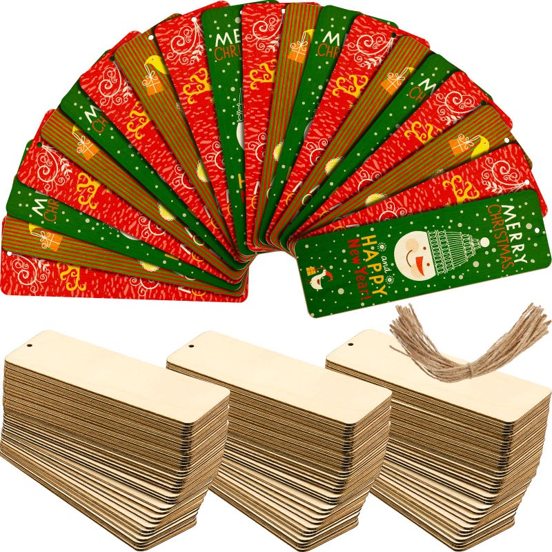 Zonon Zonon 100 Pieces Large Size Wood Blank Bookmarks DIY Wooden Craft Unfinished Hanging Tags Rectangle Blank Bookmark Ornaments with Holes and Ropes for Wedding Graduation Party Decor