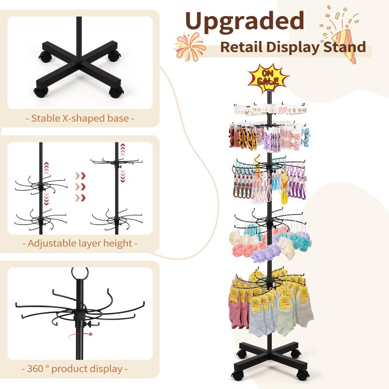 Flenpptly Retail Display Stand, 5-Tier Rotating Display Rack for Store Display, Movable and Adjustable Spinning Display Stand for Earrings, Jewelry, Keychains, Socks Display (Black) - Image 3