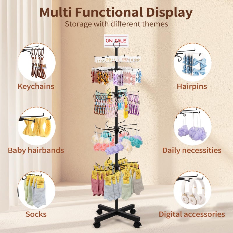 Flenpptly Retail Display Stand, 5-Tier Rotating Display Rack for Store Display, Movable and Adjustable Spinning Display Stand for Earrings, Jewelry, Keychains, Socks Display (Black) - Image 4
