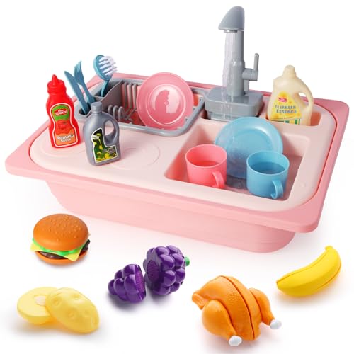 Asweets Color Changing Kitchen Sink Toys Toddler Sink Toys with Running Water Pretend Play Toys with Upgraded Faucet Automatic Water Cycle System Pink - Image 1