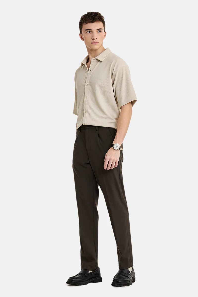 سنيتش Brown Textured Slim Fit Formal Trousers