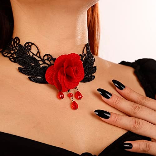 Missgrace Punk Vintage Black Lace Shiny Red Flower Crystal Choker Necklace for Women Chunky Short Necklace Black Chain Necklace for Women - Image 3
