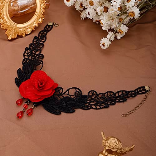 Missgrace Punk Vintage Black Lace Shiny Red Flower Crystal Choker Necklace for Women Chunky Short Necklace Black Chain Necklace for Women - Image 5