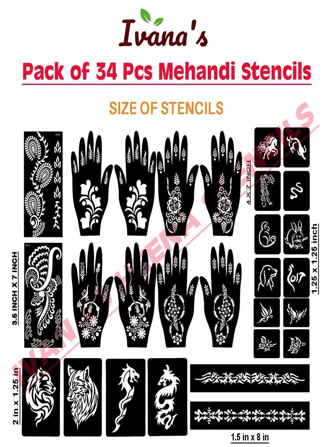 إيفاناز مجموعة إيفانا المكونة من 34 قطعة من قوالب الحناء القابلة لإعادة الاستخدام لليدين والمعصم والجسم والظهر والرقبة والوجه، عبوة كومبو من القوالب للنساء والفتيات والأطفال، سهلة الاستخدام في 4 خطوات فقط، مجموعة تصميم هندي، A2225 - Image 4