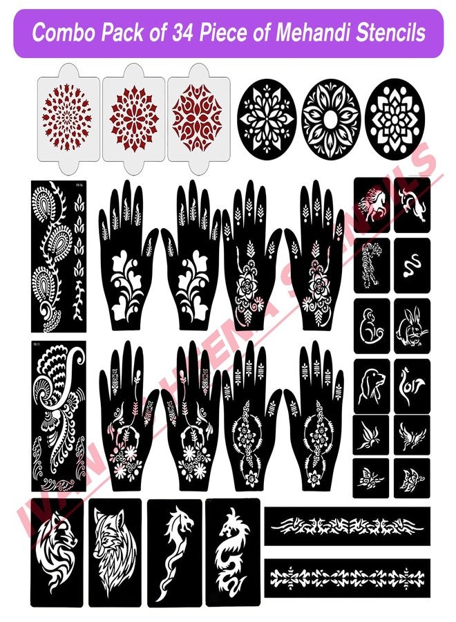 إيفاناز مجموعة إيفانا المكونة من 34 قطعة من قوالب الحناء القابلة لإعادة الاستخدام لليدين والمعصم والجسم والظهر والرقبة والوجه، عبوة كومبو من القوالب للنساء والفتيات والأطفال، سهلة الاستخدام في 4 خطوات فقط، مجموعة تصميم هندي، A2225 - Image 2