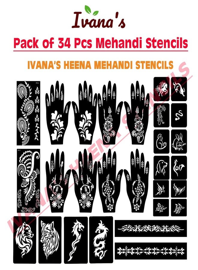 إيفاناز مجموعة إيفانا المكونة من 34 قطعة من قوالب الحناء القابلة لإعادة الاستخدام لليدين والمعصم والجسم والظهر والرقبة والوجه، عبوة كومبو من القوالب للنساء والفتيات والأطفال، سهلة الاستخدام في 4 خطوات فقط، مجموعة تصميم هندي، A2225 - Image 3