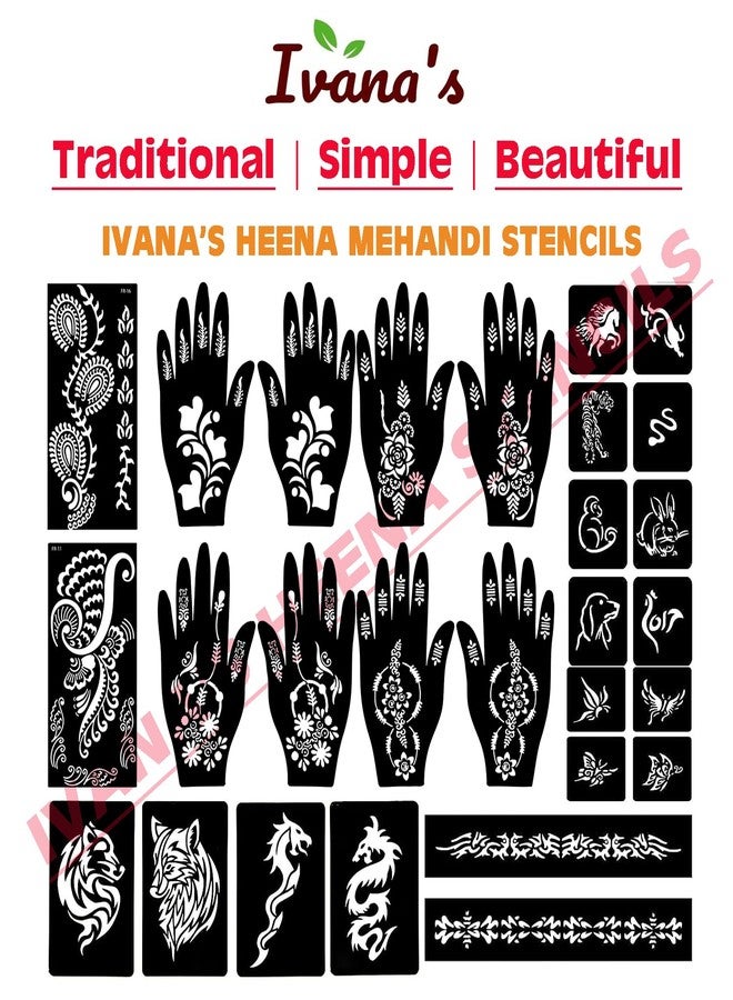 إيفاناز مجموعة إيفانا المكونة من 34 قطعة من قوالب الحناء القابلة لإعادة الاستخدام لليدين والمعصم والجسم والظهر والرقبة والوجه، عبوة كومبو من القوالب للنساء والفتيات والأطفال، سهلة الاستخدام في 4 خطوات فقط، مجموعة تصميم هندي، A2225 - Image 5