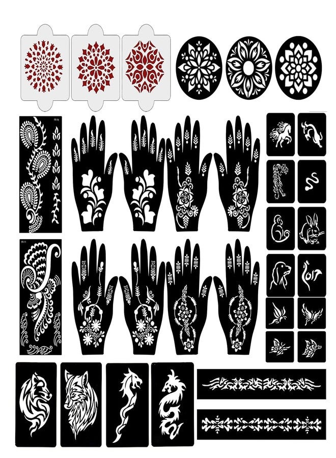 إيفاناز مجموعة إيفانا المكونة من 34 قطعة من قوالب الحناء القابلة لإعادة الاستخدام لليدين والمعصم والجسم والظهر والرقبة والوجه، عبوة كومبو من القوالب للنساء والفتيات والأطفال، سهلة الاستخدام في 4 خطوات فقط، مجموعة تصميم هندي، A2225 - Image 1