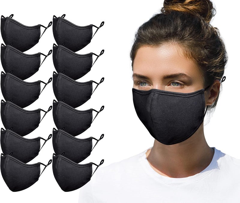 Simlu 12 Pack Premium Fabric Face Mask Reusable with Adjustable Elastic, 2 Layer,Cotton, Breathable, Nose Wire Black Cloth face Mask Washable Fits Men Women and Kids Made In USA - Image 1