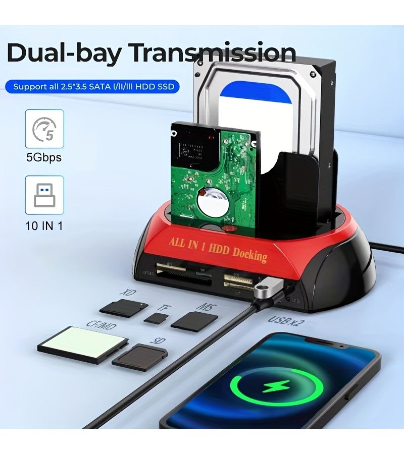 10 In 1 Dual Bay Hard Drive Station USB 5Gbps HDD Docking Station Adapter For 2.5 3.5 Inch HDD SSD TF Card Power Supply Not Included - Image 1