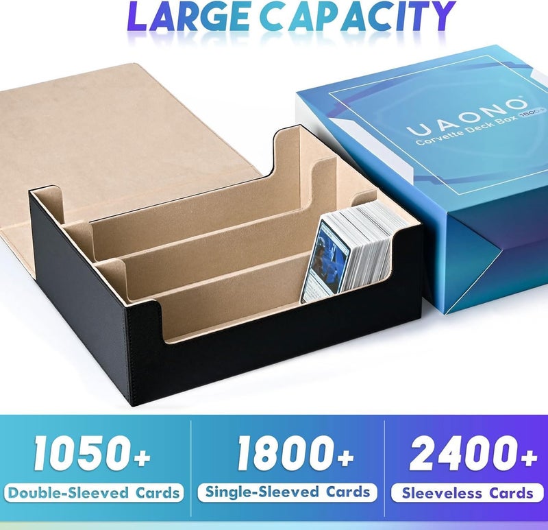 UAONO Card Storage Box for Trading Cards, 1800+ PU Leather Commander Card Deck Case, Magnetic Closure Card Holder Fits for Magic Game Cards (Black&Gold) - Image 2