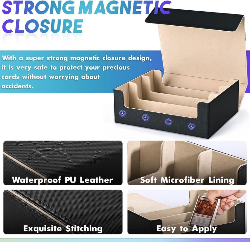 UAONO Card Storage Box for Trading Cards, 1800+ PU Leather Commander Card Deck Case, Magnetic Closure Card Holder Fits for Magic Game Cards (Black&Gold) - Image 4
