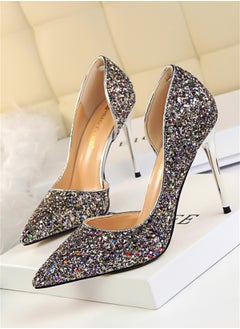 BIGTREE 9.5cm Slim Shoes For Women With Slim Heels Shallow Heels And Pointed Side Sequins Purple  - Image 1