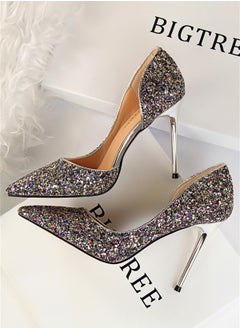 BIGTREE 9.5cm Slim Shoes For Women With Slim Heels Shallow Heels And Pointed Side Sequins Purple  - Image 2