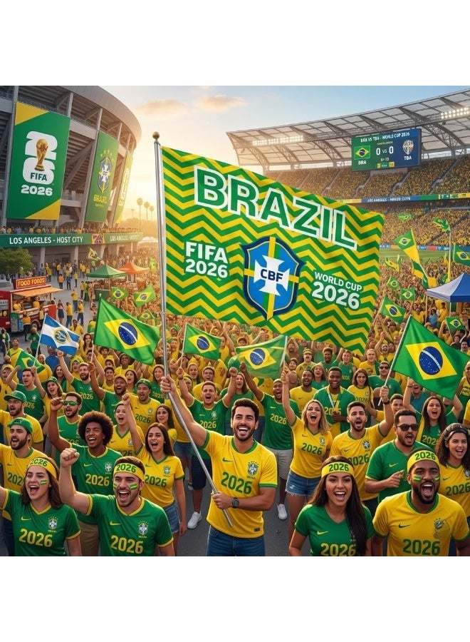 علم مشجعي كرة القدم الوطني البرازيلي، بشعار الاتحاد البرازيلي لكرة القدم على شكل حرف V باللونين الأخضر والأصفر، مقاس 100 × 150 سم، إصدار كأس العالم 2026 - Image 2