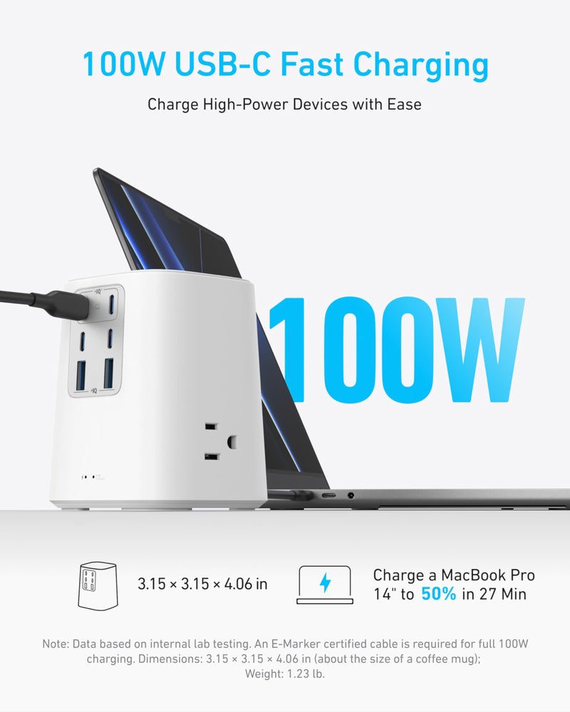 Anker Desktop Charger, 9-in-1 Power Strip with 300J Surge Protector, 5ft Flat Plug Extension Cord with Multiple Devices, 100W USB C Charger with 3 AC, 2 USB A, 4 USB C, Home Office, Desk Accessories - Image 3