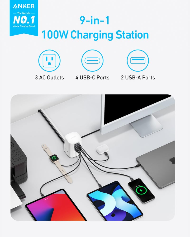 Anker Desktop Charger, 9-in-1 Power Strip with 300J Surge Protector, 5ft Flat Plug Extension Cord with Multiple Devices, 100W USB C Charger with 3 AC, 2 USB A, 4 USB C, Home Office, Desk Accessories - Image 2