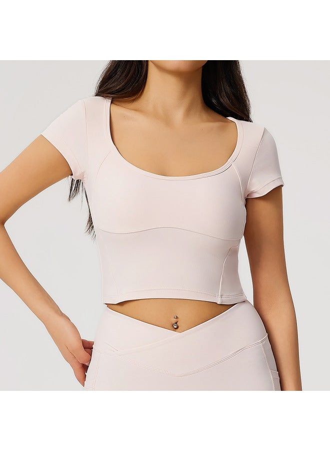 European And American Style Yoga Tops For Women, Short-sleeved With Chest Pads, Running Training, Pilates Sports Short T-shirts, Slimming Fitness Wear