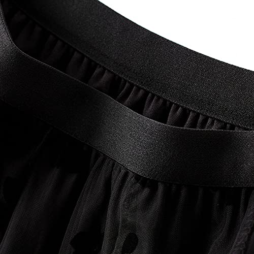 Dirholl Women's A-Line Fairy Patterned Elastic Waist Ruffle Tulle Layered Midi Skirt Flowers Black - Image 2