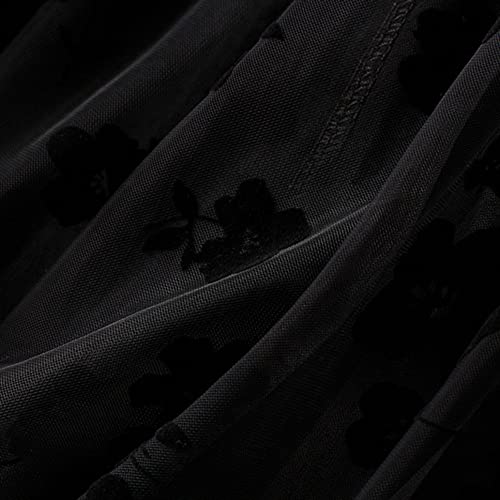 Dirholl Women's A-Line Fairy Patterned Elastic Waist Ruffle Tulle Layered Midi Skirt Flowers Black - Image 3