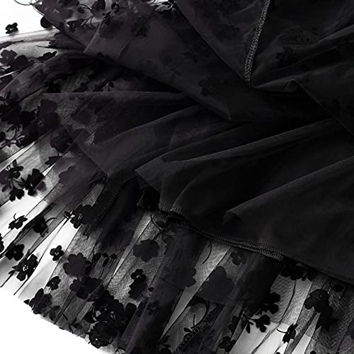 Dirholl Women's A-Line Fairy Patterned Elastic Waist Ruffle Tulle Layered Midi Skirt Flowers Black - Image 4