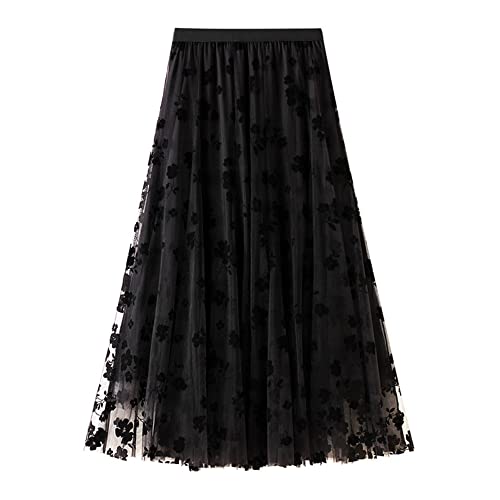 Dirholl Women's A-Line Fairy Patterned Elastic Waist Ruffle Tulle Layered Midi Skirt Flowers Black - Image 1