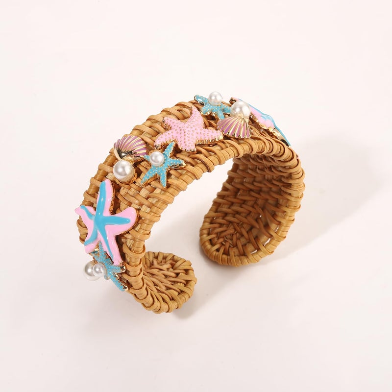 NLCAC Seashell Starfish Rattan Cuff Bracelet Statement Bohemian Chunky Rattan Bangle Summer Beach Party Outfits for Women - Image 5