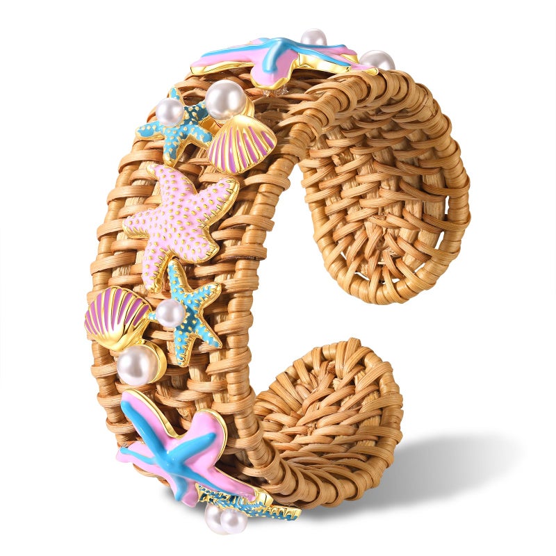 NLCAC Seashell Starfish Rattan Cuff Bracelet Statement Bohemian Chunky Rattan Bangle Summer Beach Party Outfits for Women - Image 1