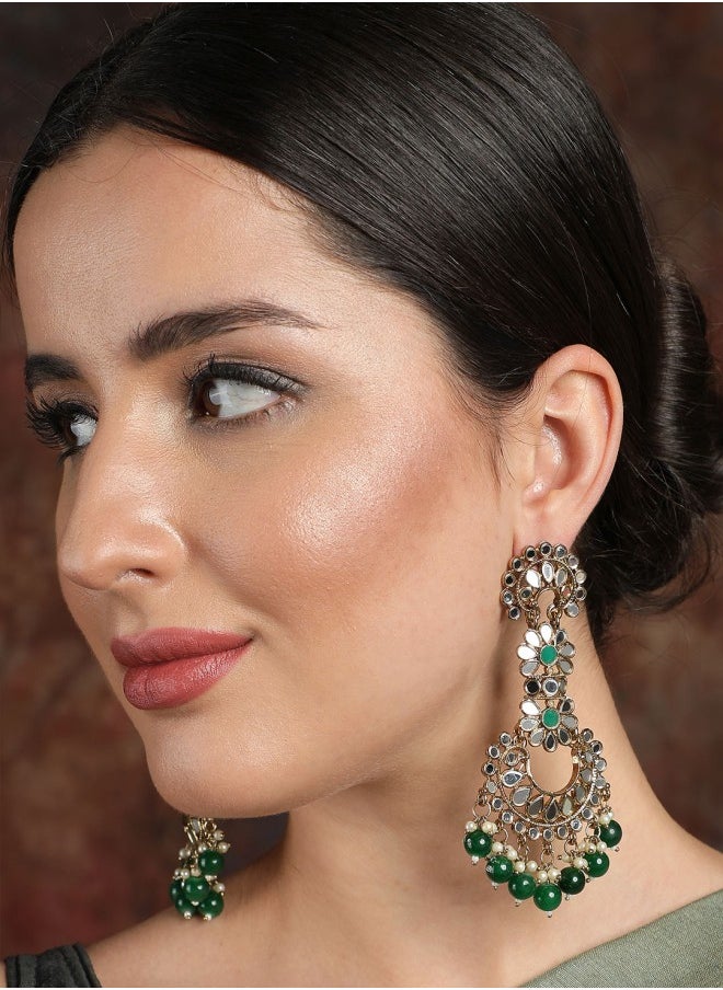 ISHIN Gold-Toned & Green Classic Chandbalis Earrings  - Image 1