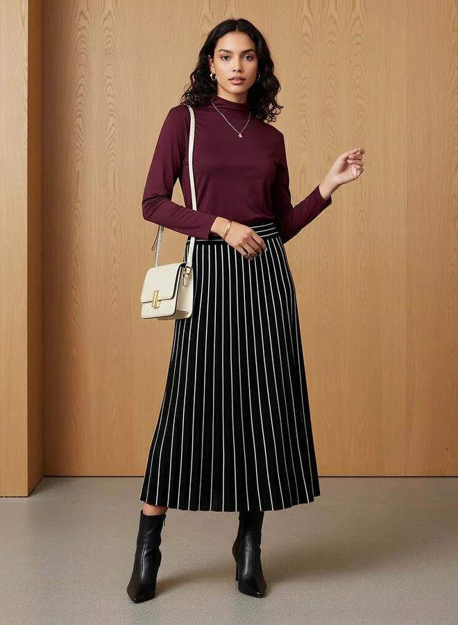 2Xtremz 2Xtremz Midi Viscose Blend A-line Skirt with Stripes