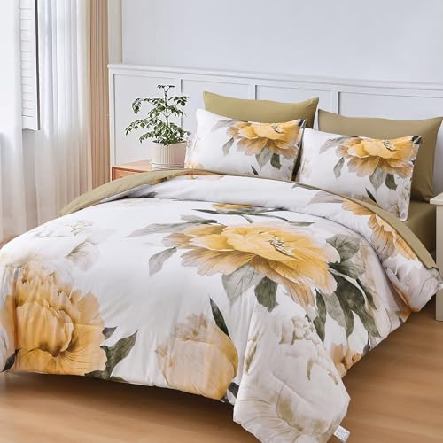 Dobuyly Yellow King Size Comforter Set 7 Piece Bed in a Bag Yellow Floral Comforter Set with Sheets Soft Microfiber Botanical Complete Bedding Set for All Season - Image 3