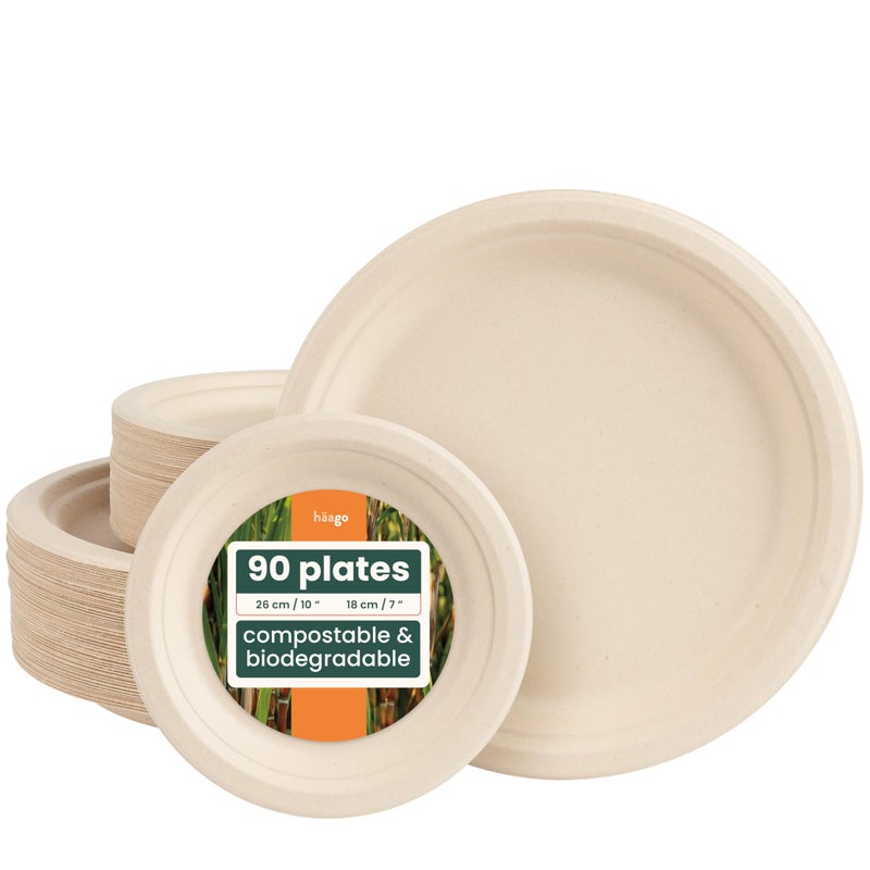 HAAGO 90 Sugarcane Bagasse Plate Set  EcoFriendly Like Paper Plates Biodegradable  Home Compostable Disposable Party Plates  18cm  25cm 45 of Each