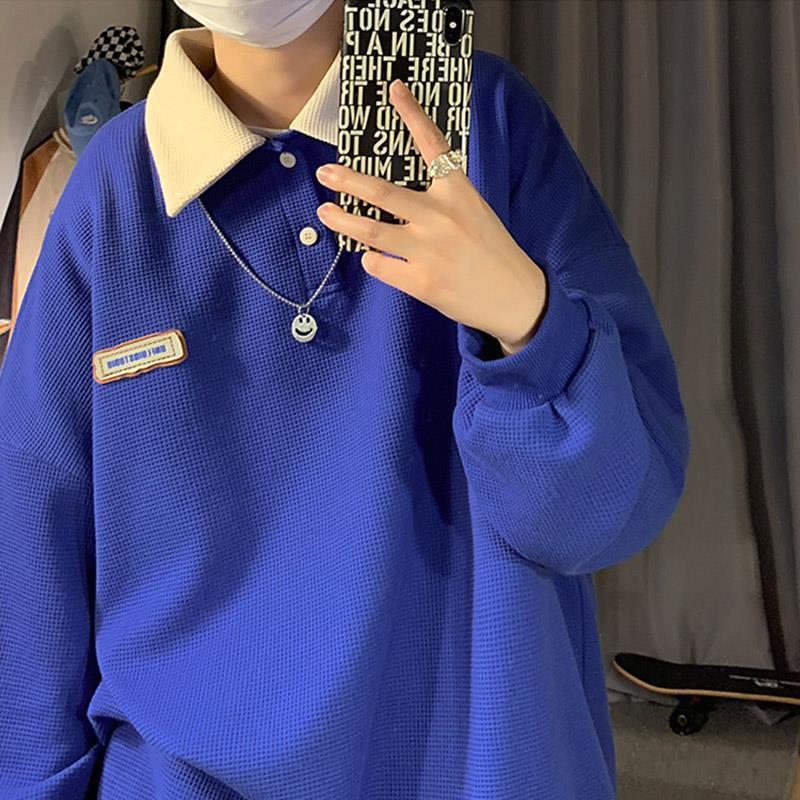 Japanese-Style Lapel Polo Shirt Men'S Long-Sleeved Navy Blue Sweater Summer Thin Design Niche Oversize Couple Jacket - Image 3