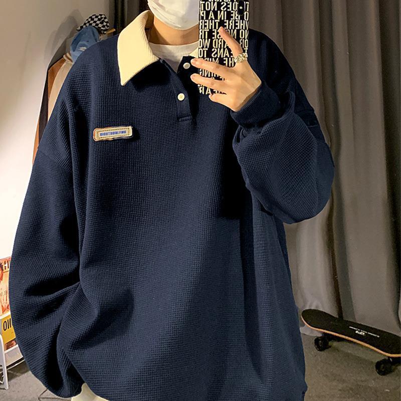 Japanese-Style Lapel Polo Shirt Men'S Long-Sleeved Navy Blue Sweater Summer Thin Design Niche Oversize Couple Jacket - Image 2