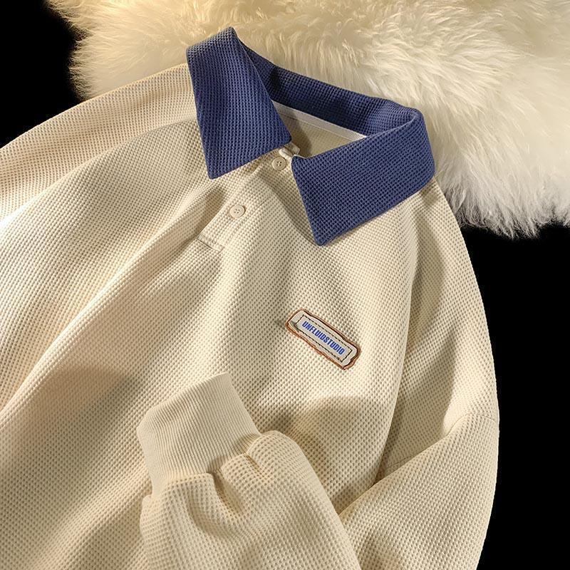 Japanese-Style Lapel Polo Shirt Men'S Long-Sleeved Navy Blue Sweater Summer Thin Design Niche Oversize Couple Jacket - Image 1