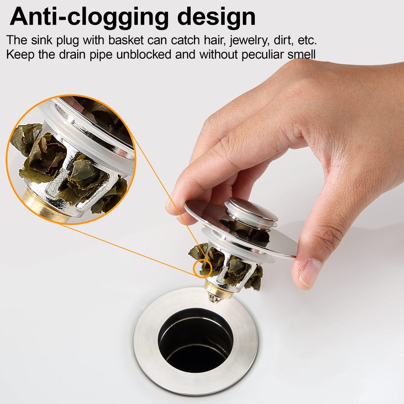 TIORIY Bathroom Sink Drain Stopper for 1.1 to 1.5 inch Standard Drain Holes, Pop-up Sink Stoppers, Bullet Core Push Type Basin Drain Filter, Anti Clogging Stainless Steel Sink Strainer With Basket, Brushed - Image 3
