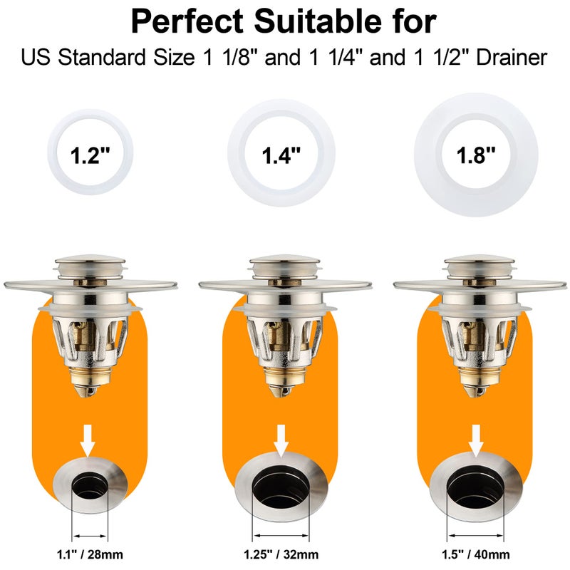 TIORIY Bathroom Sink Drain Stopper for 1.1 to 1.5 inch Standard Drain Holes, Pop-up Sink Stoppers, Bullet Core Push Type Basin Drain Filter, Anti Clogging Stainless Steel Sink Strainer With Basket, Brushed - Image 2