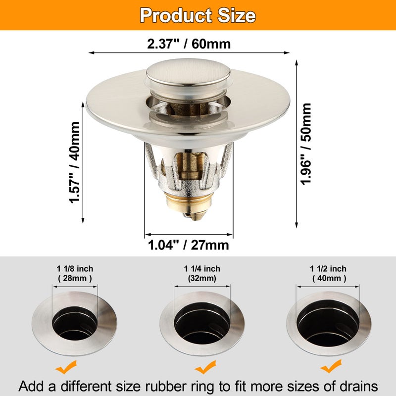 TIORIY Bathroom Sink Drain Stopper for 1.1 to 1.5 inch Standard Drain Holes, Pop-up Sink Stoppers, Bullet Core Push Type Basin Drain Filter, Anti Clogging Stainless Steel Sink Strainer With Basket, Brushed - Image 4