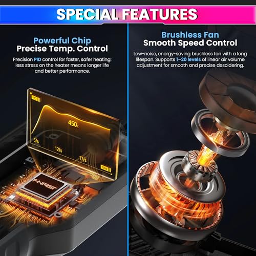 amiciSmart Intelligent 550W Hot Air Gun with Digital Display, PID Temperature Control (100°C–450°C), 20-Level Adjustable Airflow, Auto-Cooling & Memory Presets for Soldering, PCB Rework & Repair - Image 4